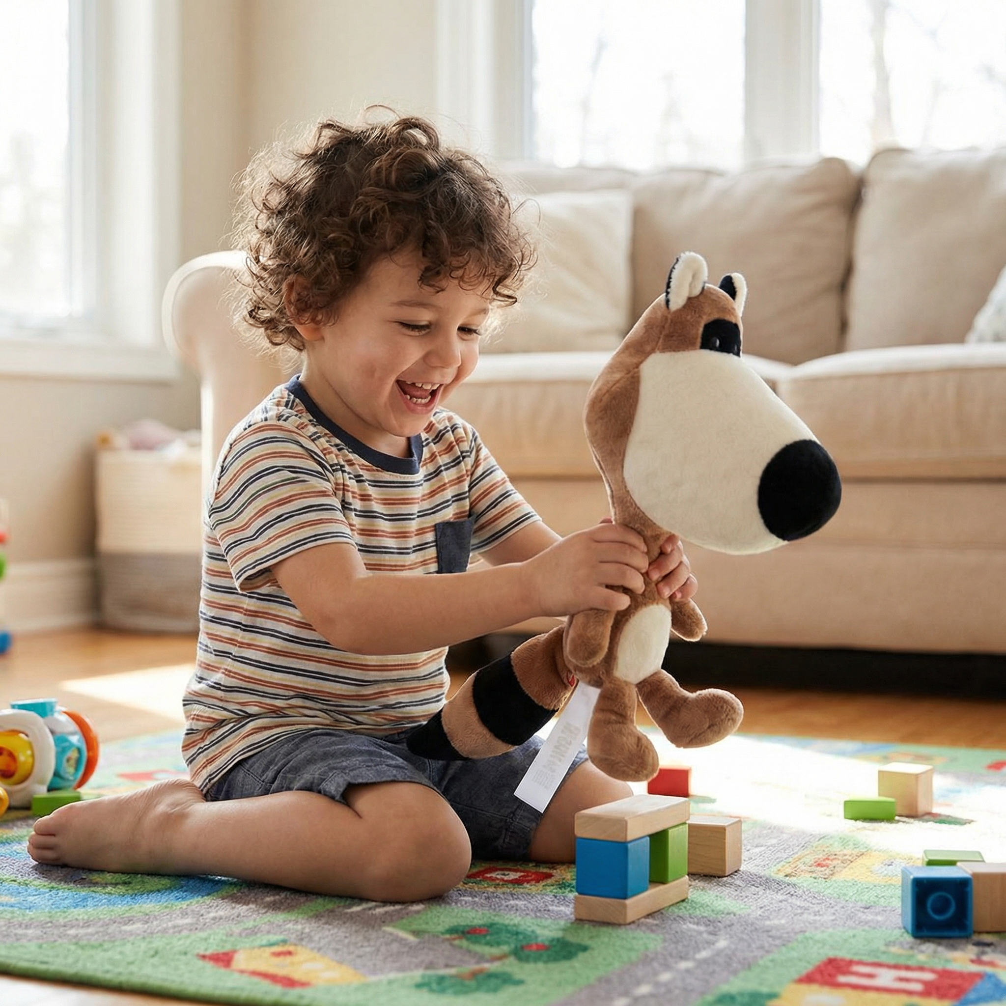 Kind spielt mit Bighead Waschbär Stofftier