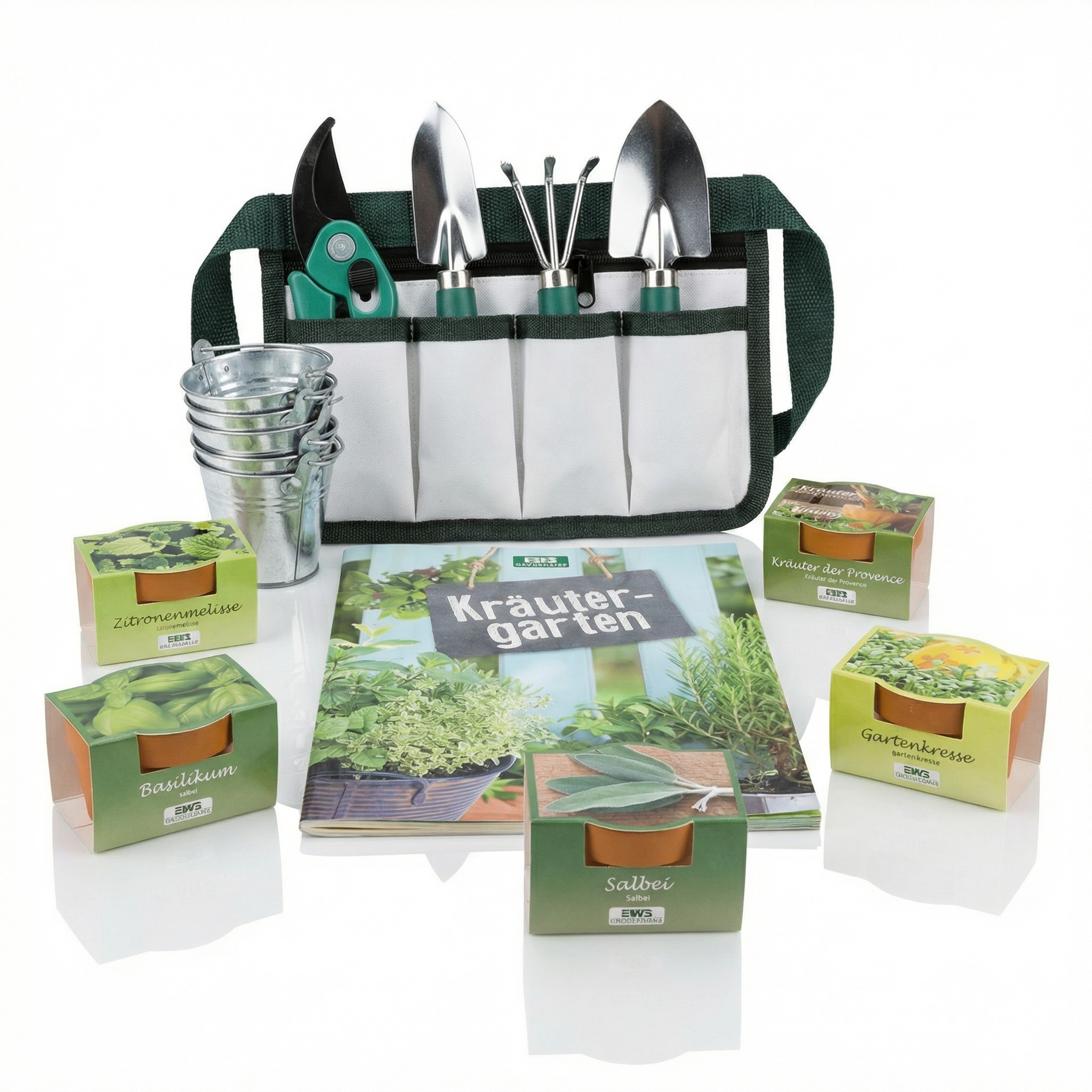 5 Kräutern Anzuchtset, 5 minizinkeimern, buch und gartengeräten