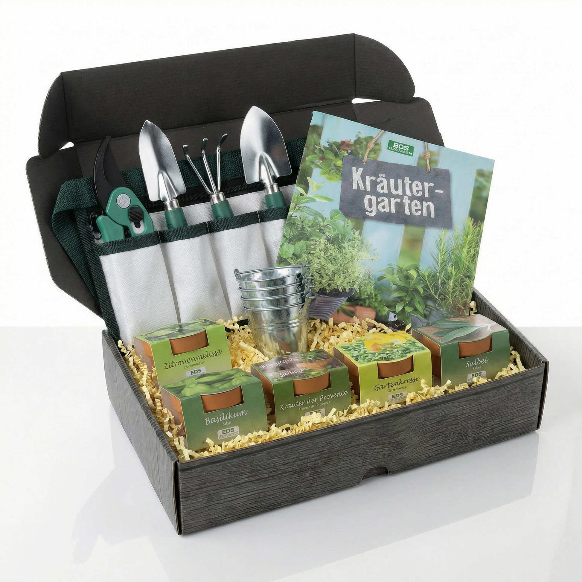 Geschenkbox mit 5 Kräutern Anzuchtset, 5 minizinkeimern, buch und gartengeräten