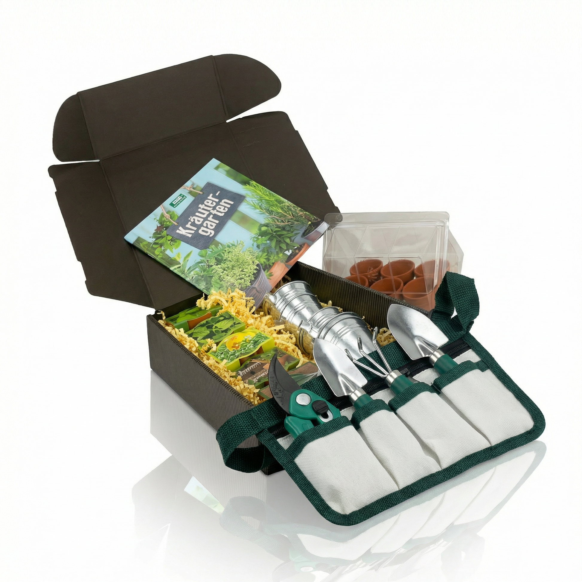 geschenkbox mit Kräuterbuch, Anzuchtset Kräuter, Gewächshaus, Zinkeimer, Gürtel mit Gartenwerkzeug