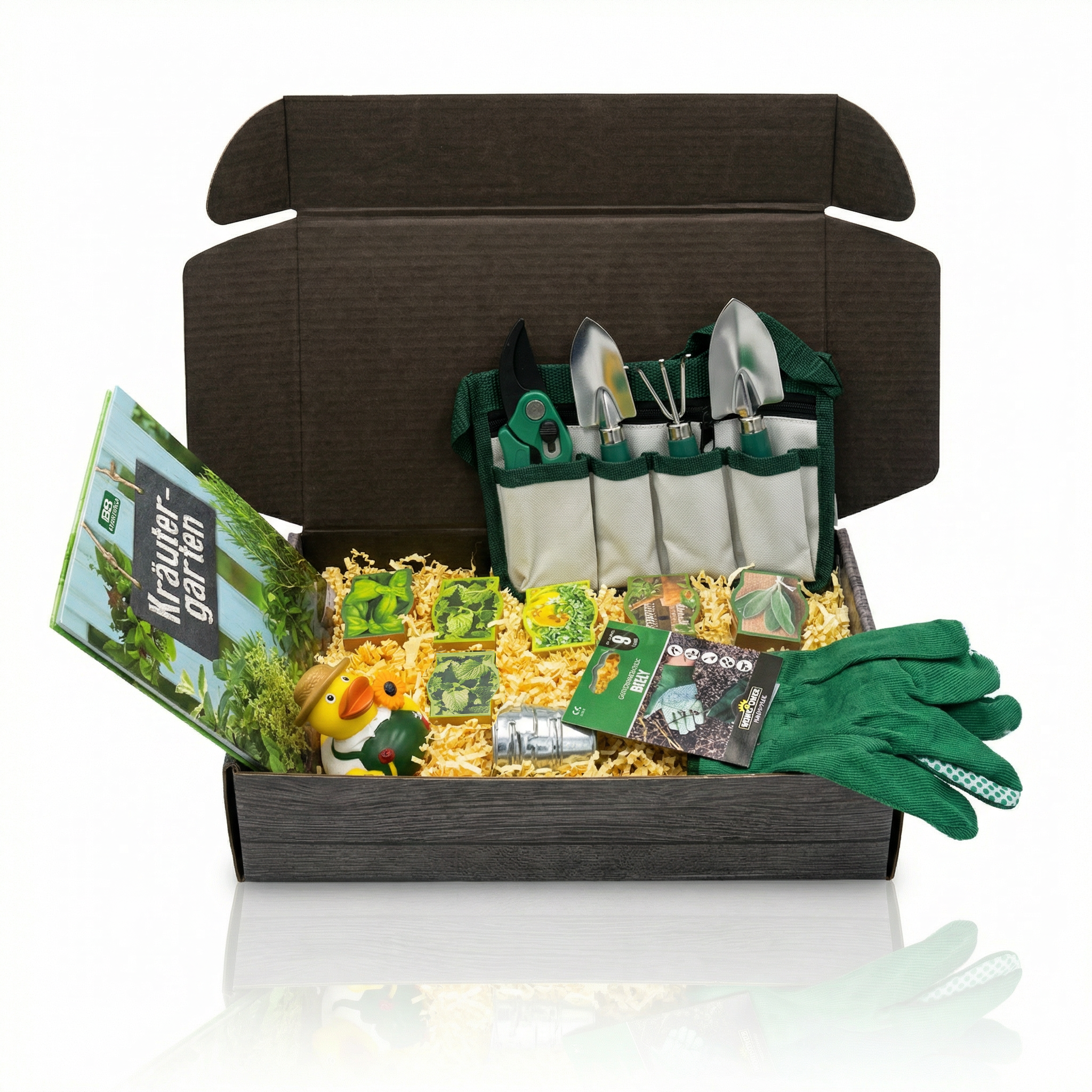 Geschenkbox mit Buch, Gürtel mit Gartengeräte, Kräuter, Quietschente, Gartenhandschuhe, Zinkeimerchen