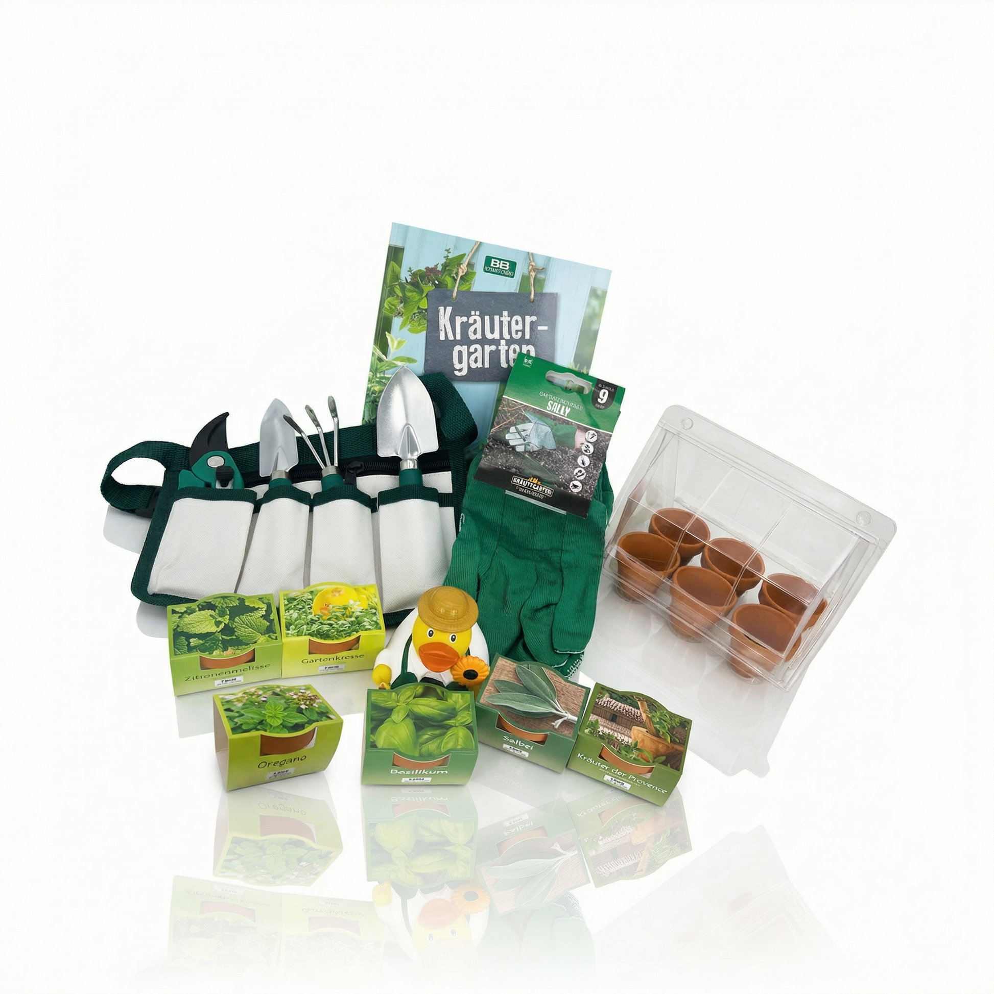 Buch, Gürtel mit Gartengeräte, Kräuter, Quietschente, Gartenhandschuhe, Zinkeimerchen