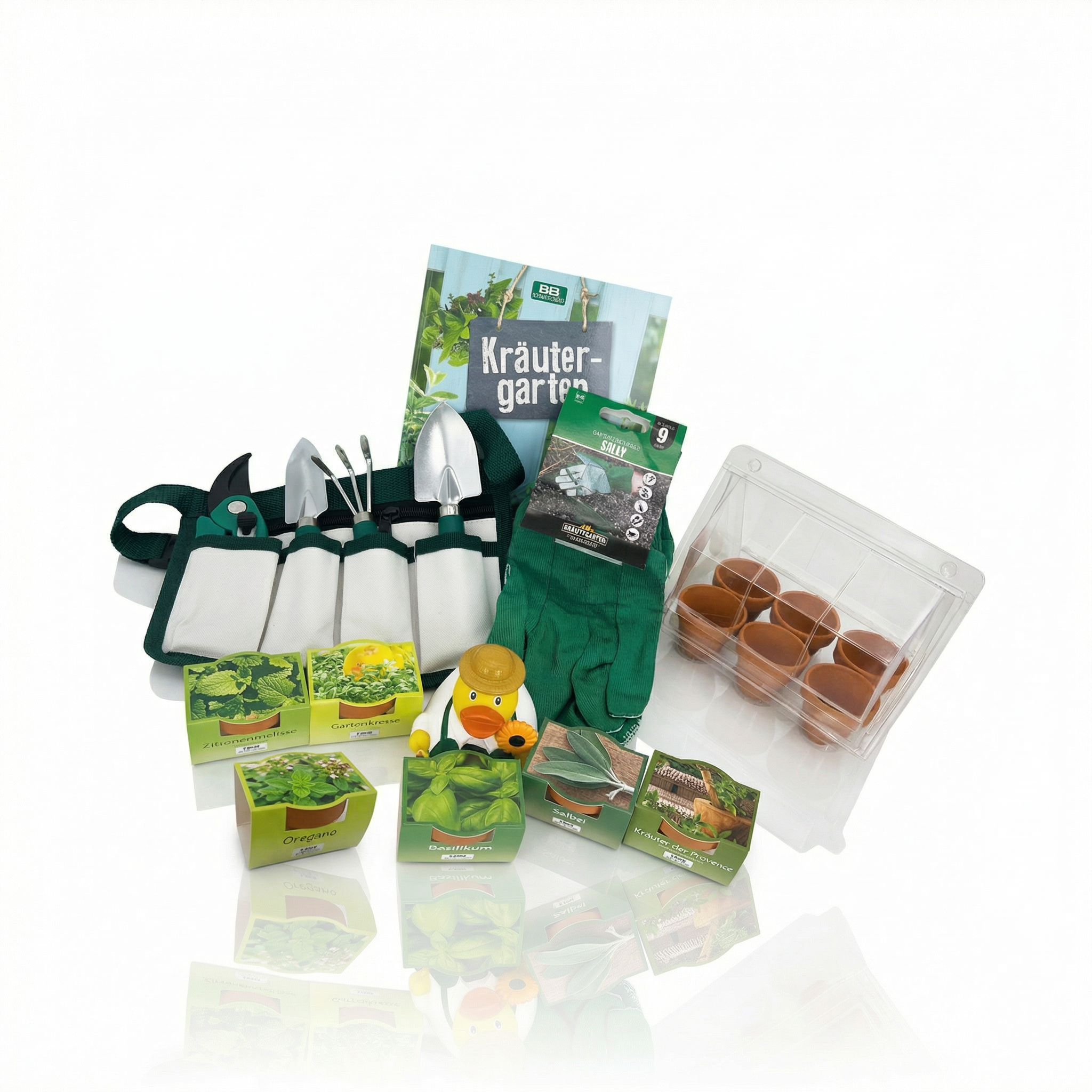 Buch, Gürtel mit Gartengeräte, Kräuter, Quietschente, Gartenhandschuhe, Zinkeimerchen