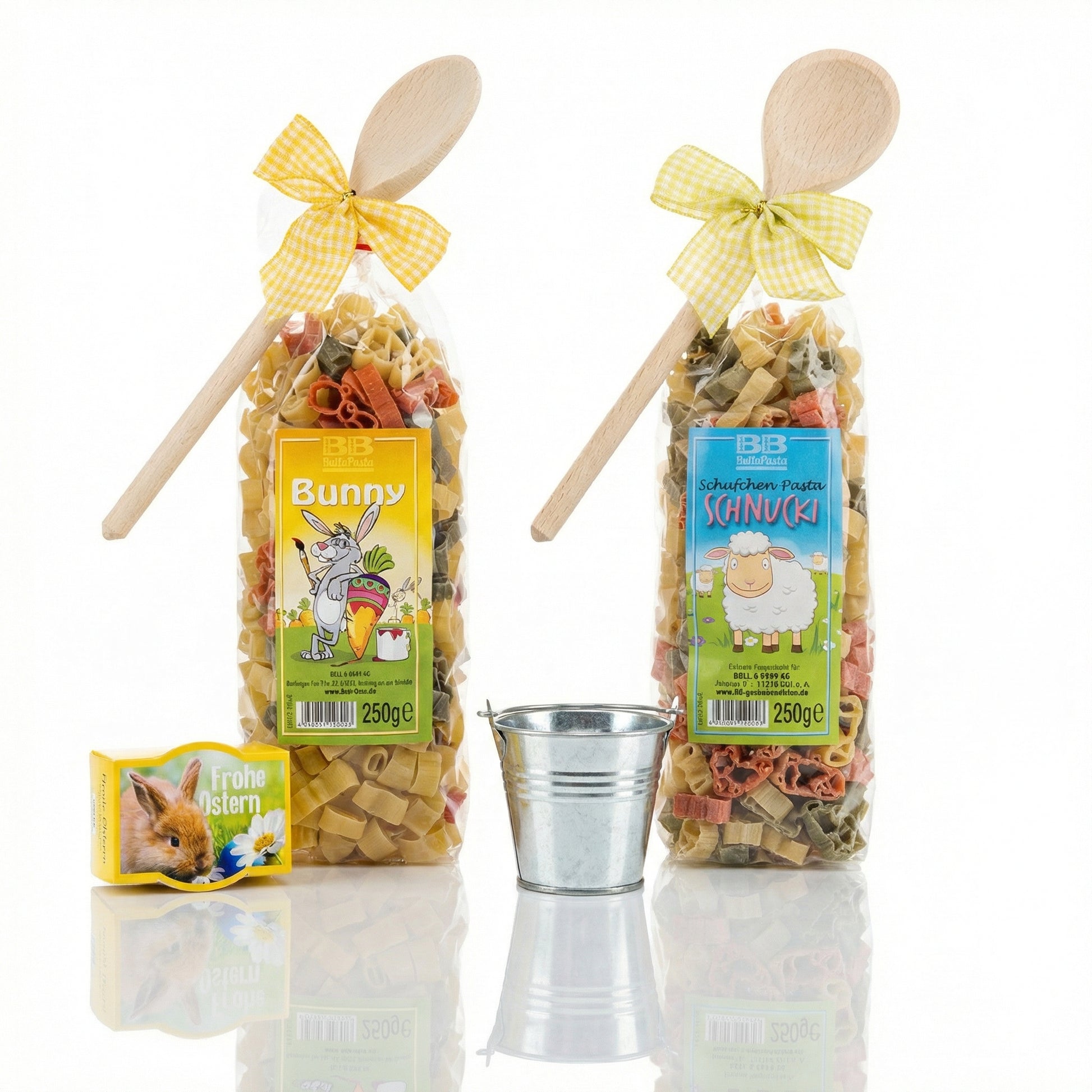 2 Motivnudeln (schaf und bunny) mit kochlöffeln, minipflanzenset bunte blumen und zinkeimerchen