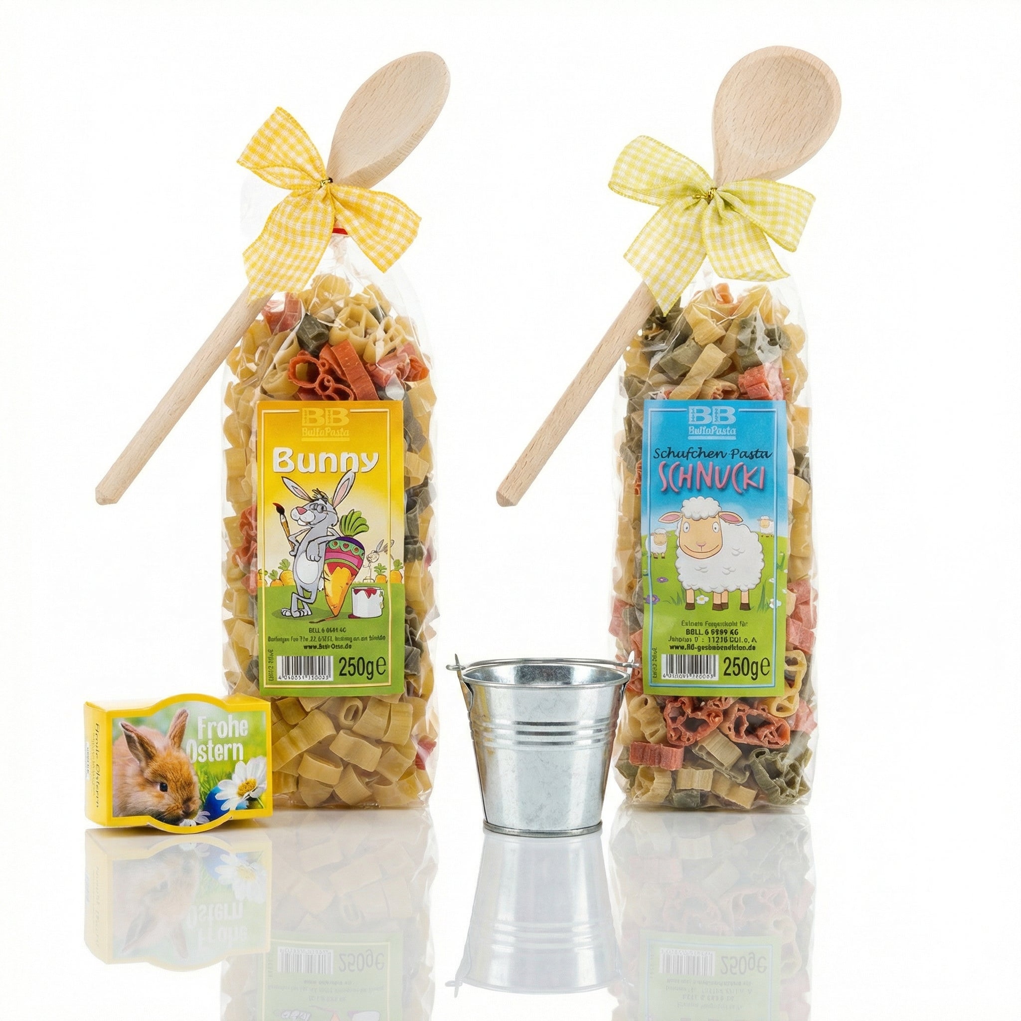 2 Motivnudeln (schaf und bunny) mit kochlöffeln, minipflanzenset bunte blumen und zinkeimerchen