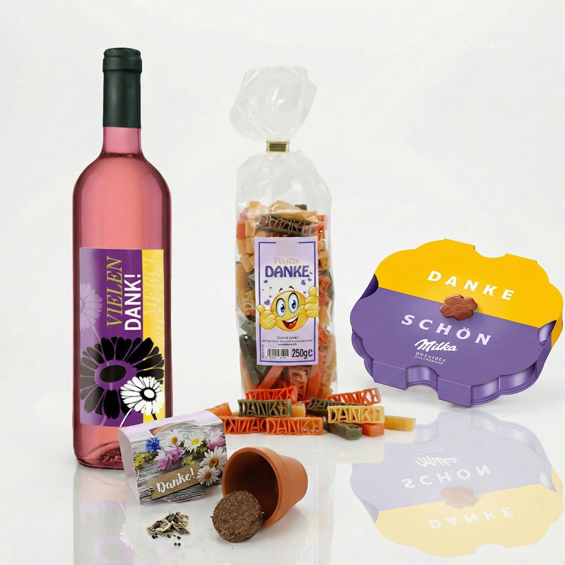 Rosewein mit Vielen Dank, Milka schokolade, minipflanzenset, motivnudel mit danke - im Danke Design