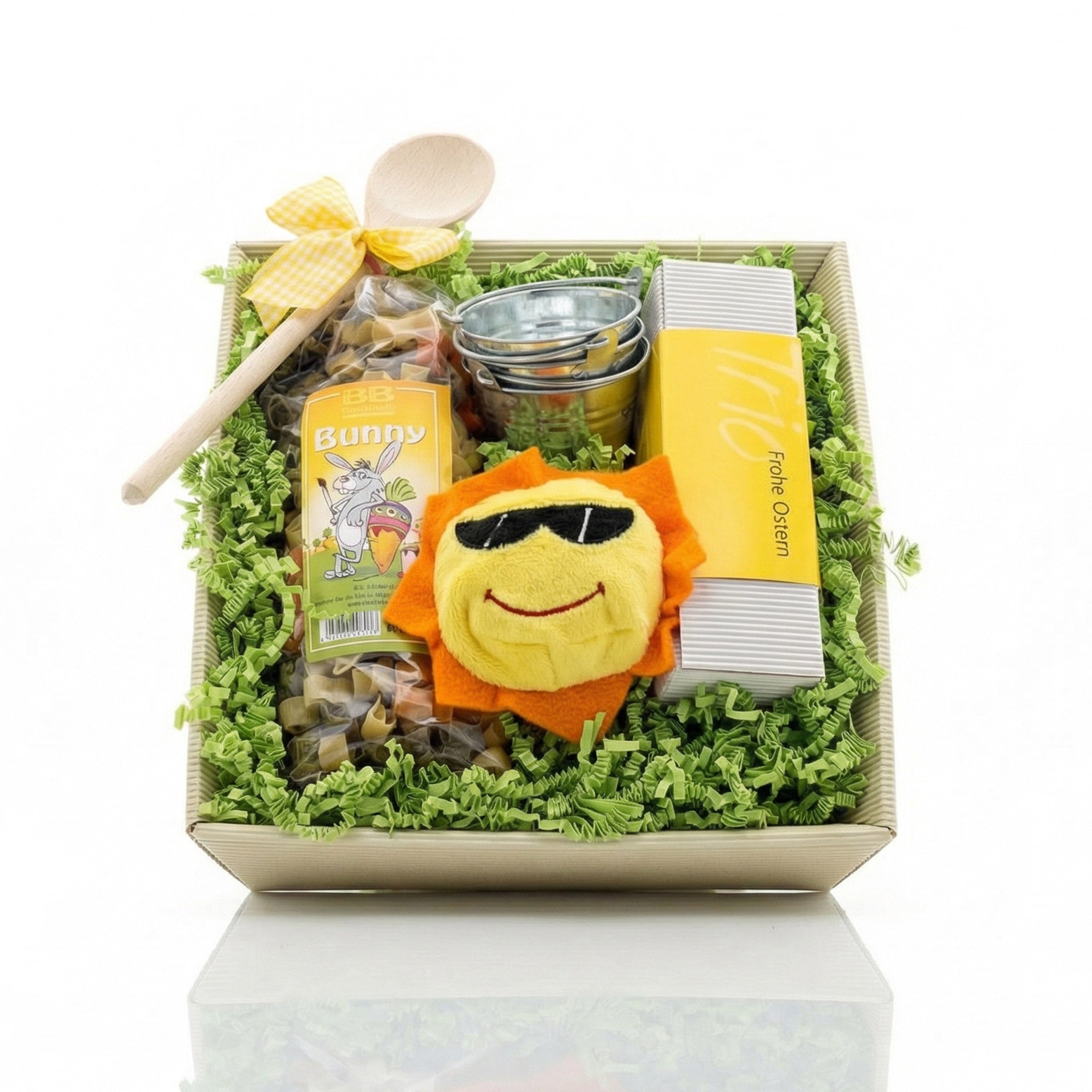Ostergeschenkkorb mit Bunnynudeln, Kochlöffel, Zinkeimerchen, Mini-Pflanzenset Frohe Ostern und Displaycleaner schmoozie Sonne