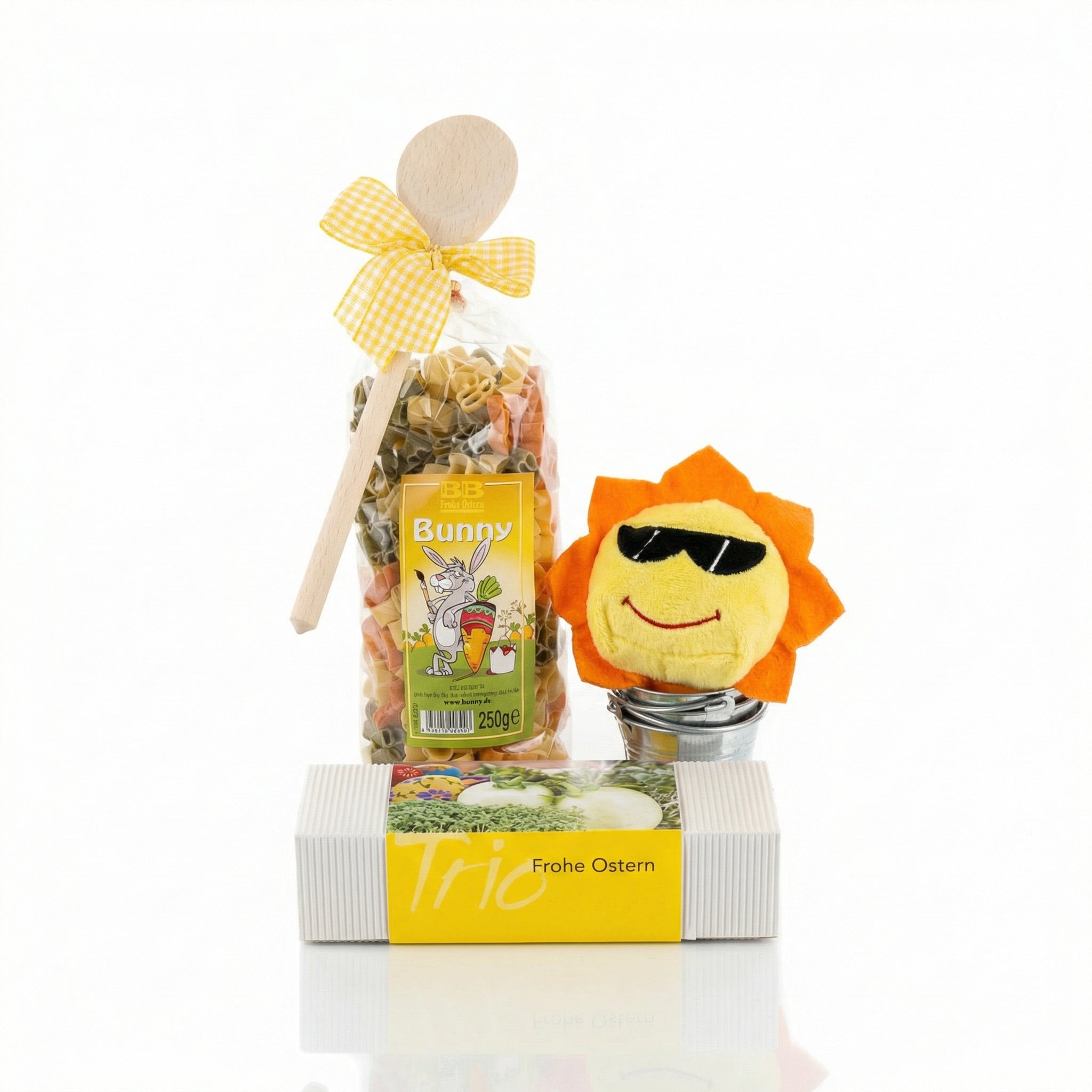 Bunnynudeln, Kochlöffel, Zinkeimerchen, Mini-Pflanzenset Frohe Ostern und Displaycleaner schmoozie Sonne