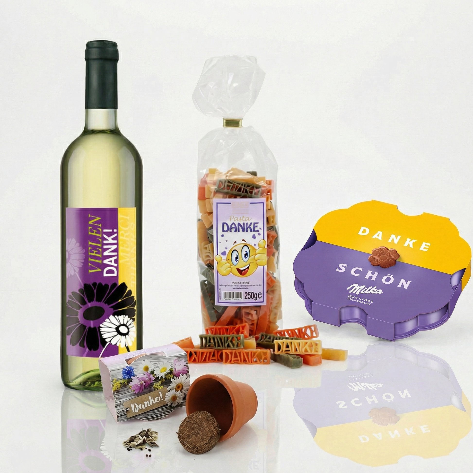 Weisswein mit Vielen Dank, Milka schokolade, minipflanzenset, motivnudel mit danke - im Danke Design