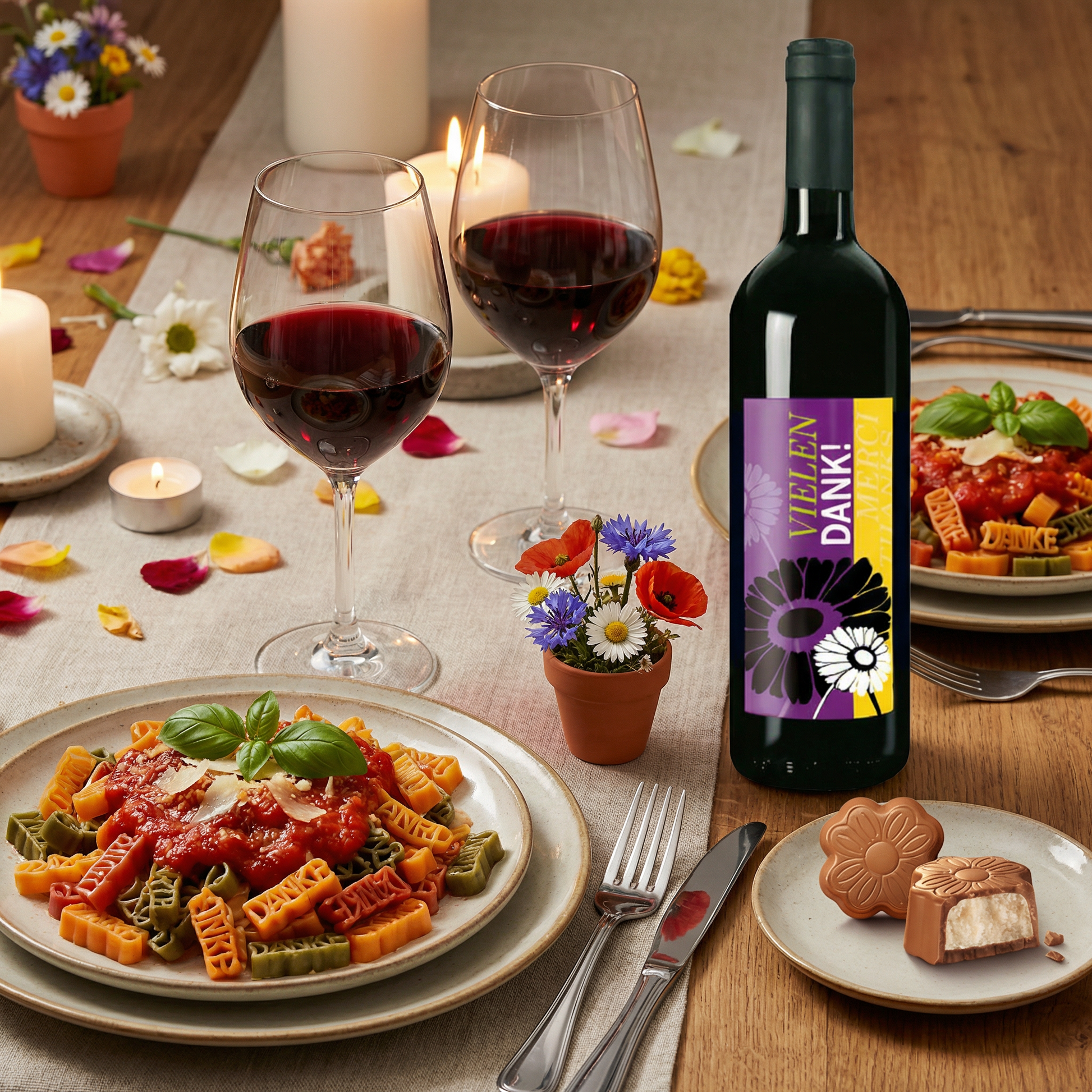 gedeckter Tisch mit Dankepasta, Rotwein, Blumenstock