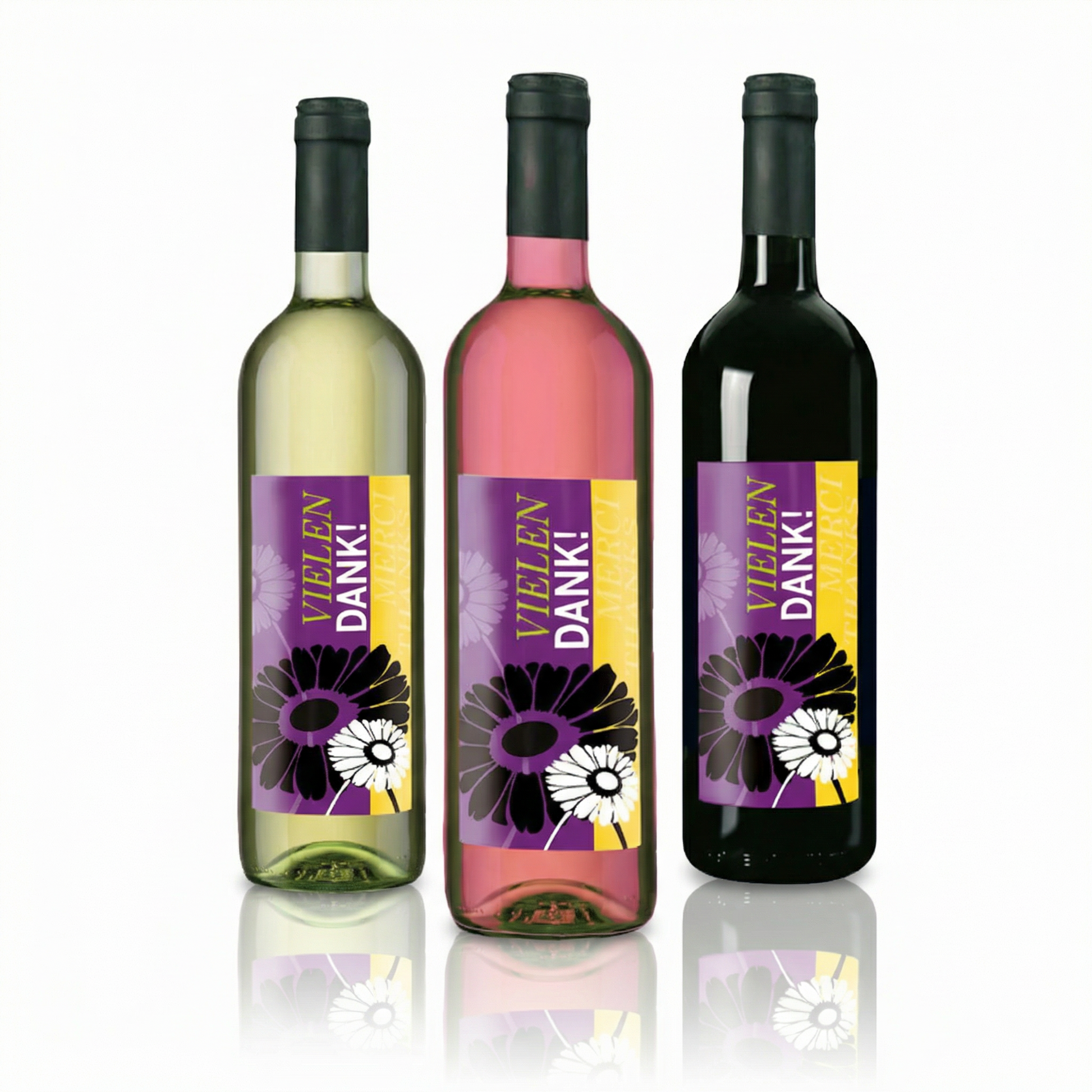 Rotwein, Rose, und Weißwein mit DANKE Etikett