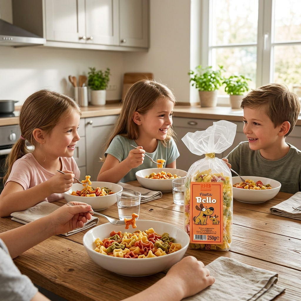 3 Kinder essen Pasta mit Hunde-Motiven  