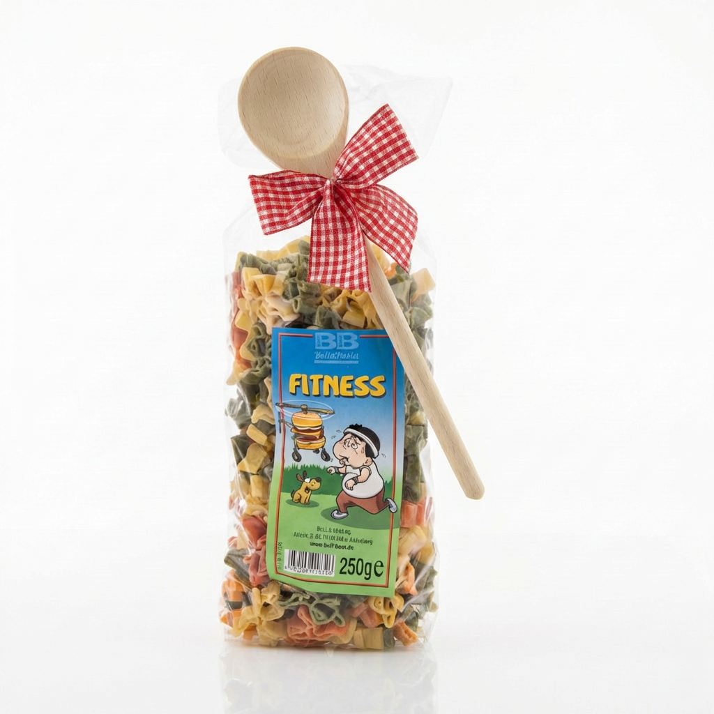 Pasta mit Fitness-Motiven und Holz-Kochlöffel