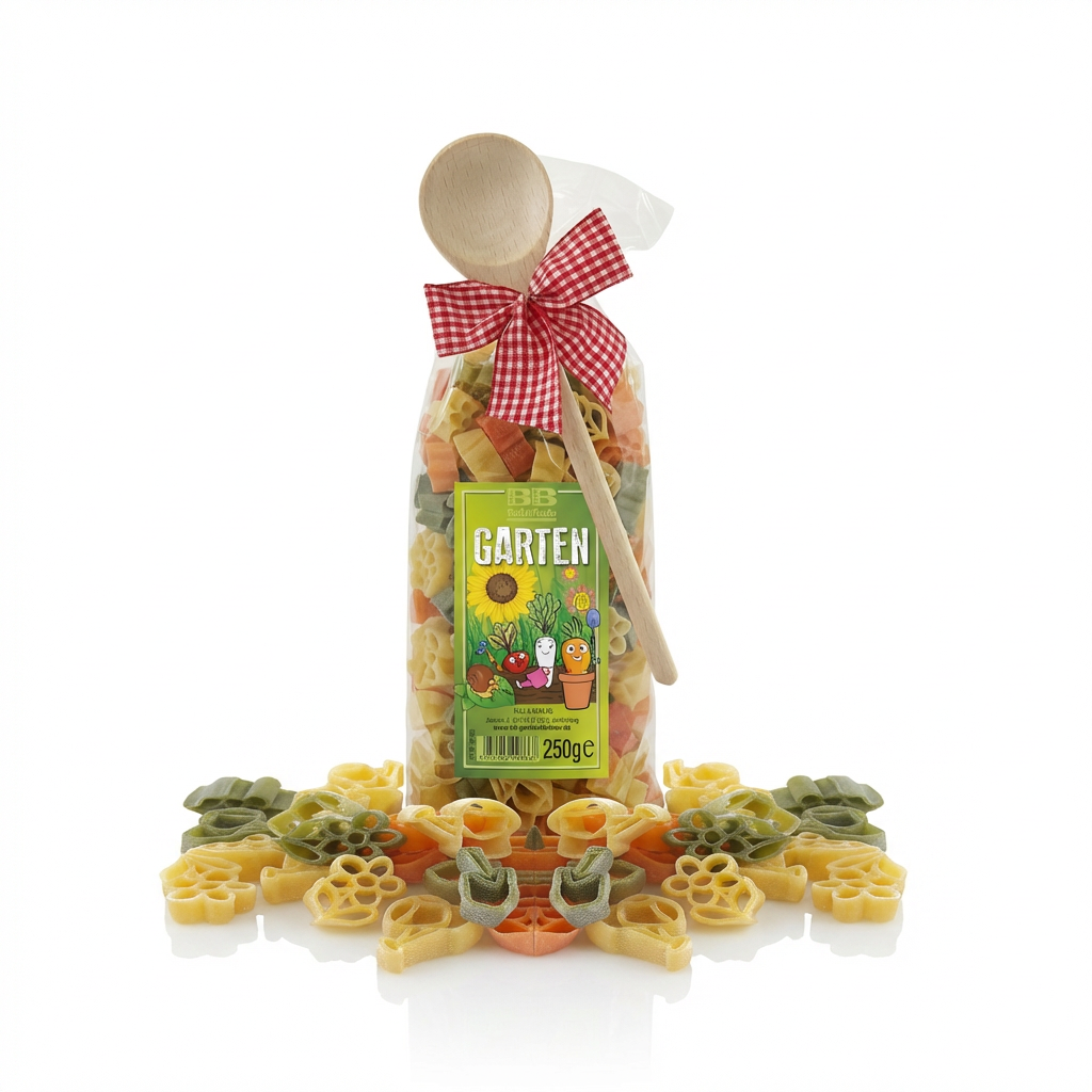 Pasta mit Garten-Motiv und Holz-Kochlöffel