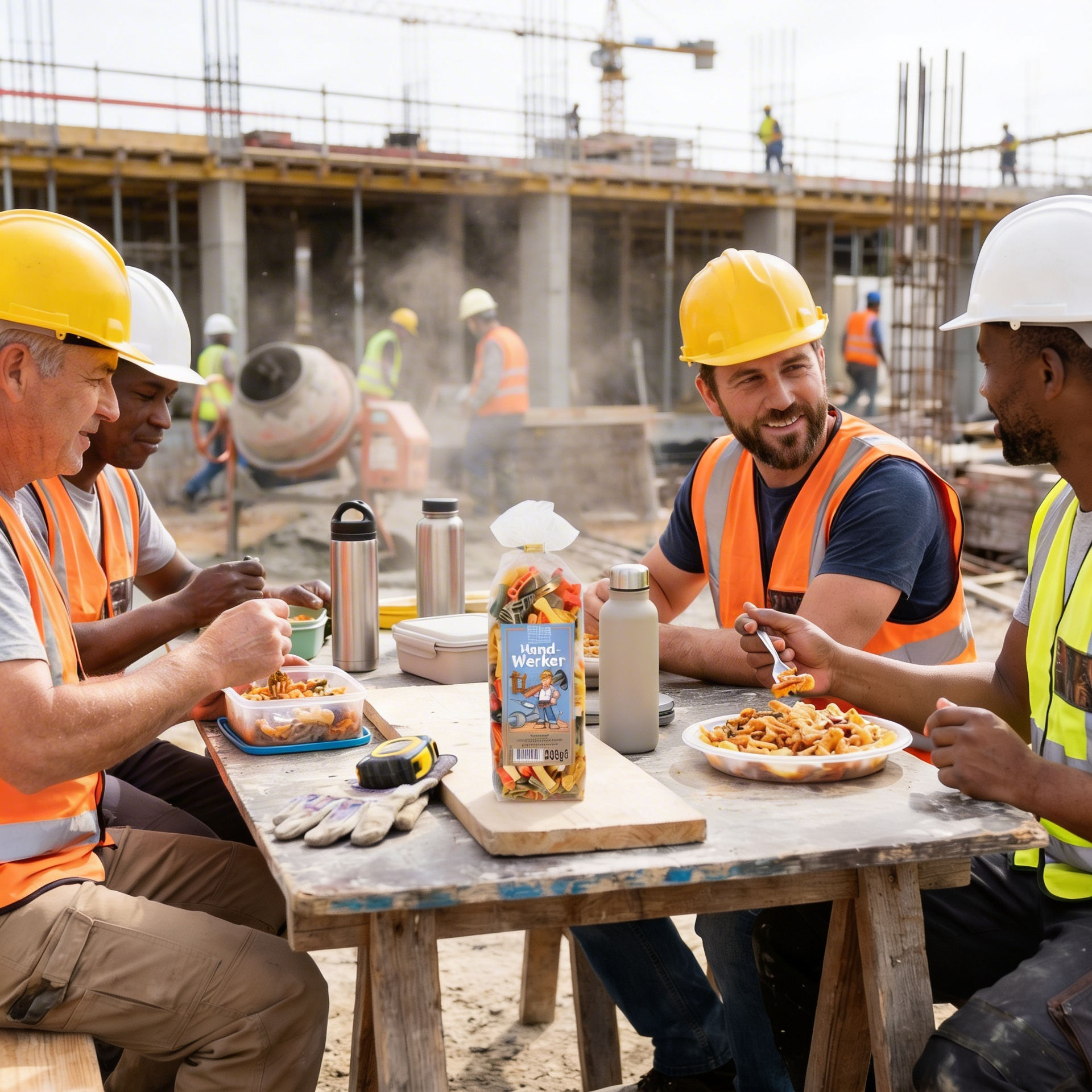 Handwerker essen Pasta mit Handwerker-Motiven
