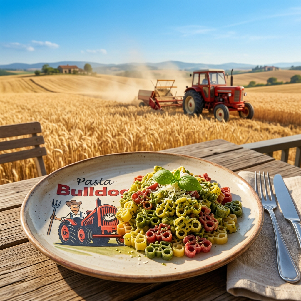 Pastateller Bulldog im Vordergrund, Traktor der Feld bearbeitet im Hintergrund
