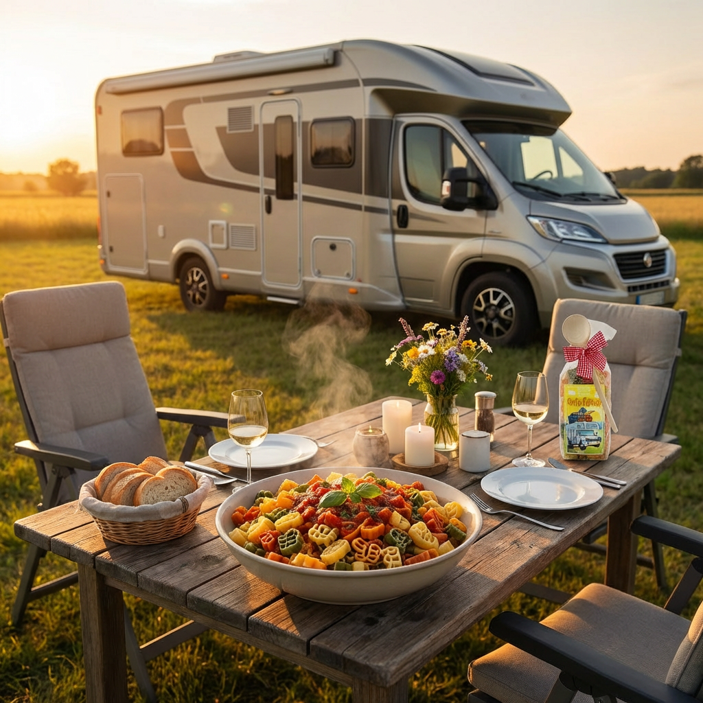 lauer sommerabend, gedeckter tisch mit motivnudeln gute reise, dahinter modernes wohnmobil