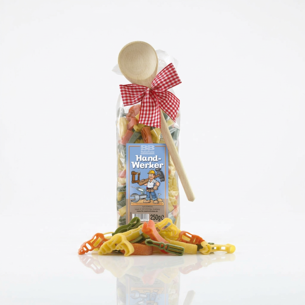 Pasta mit Handwerker-Motiv und Holz-Kochlöffel