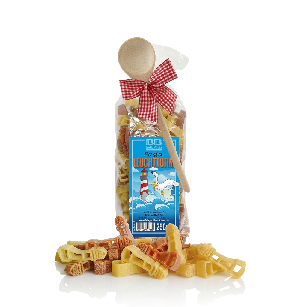 Pasta mit Leuchtturm-Motiv und Holz-Kochlöffel