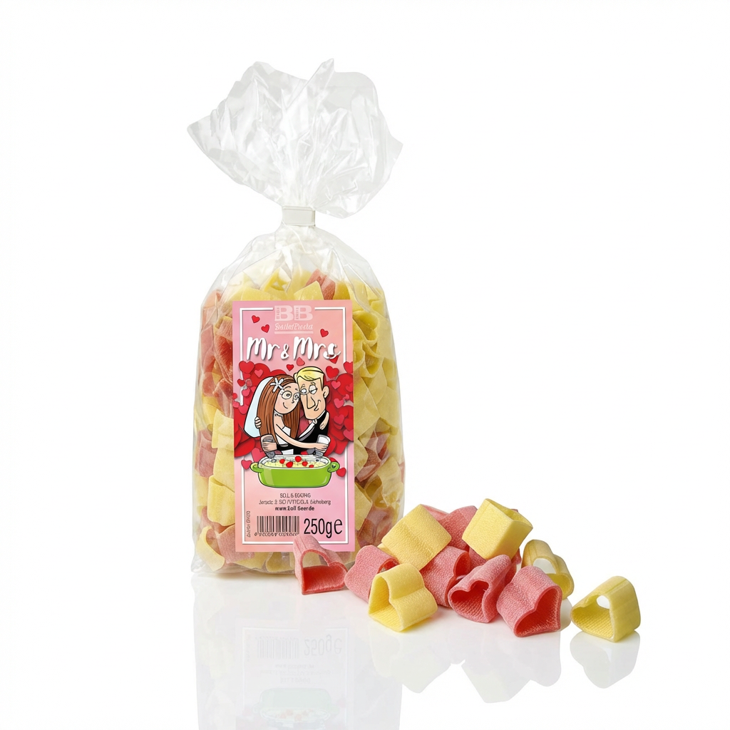 Motivnudeln Mr & Mrs Herzform