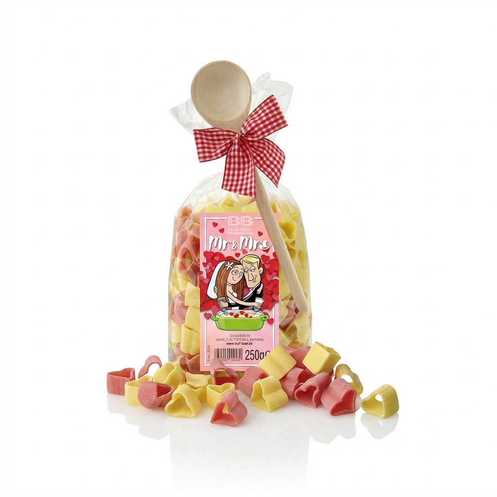 Motivnudeln Mr & Mrs Herzform mit Kochlöffel