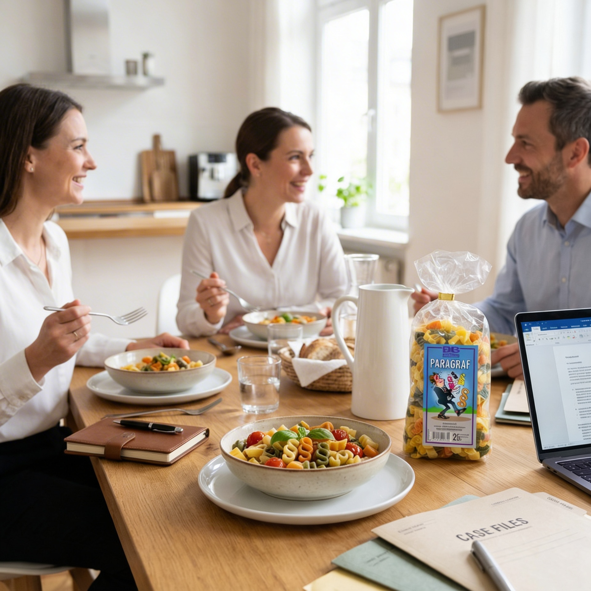 Arbeitskollegen essen Pasta mit Paragraf-Motiven