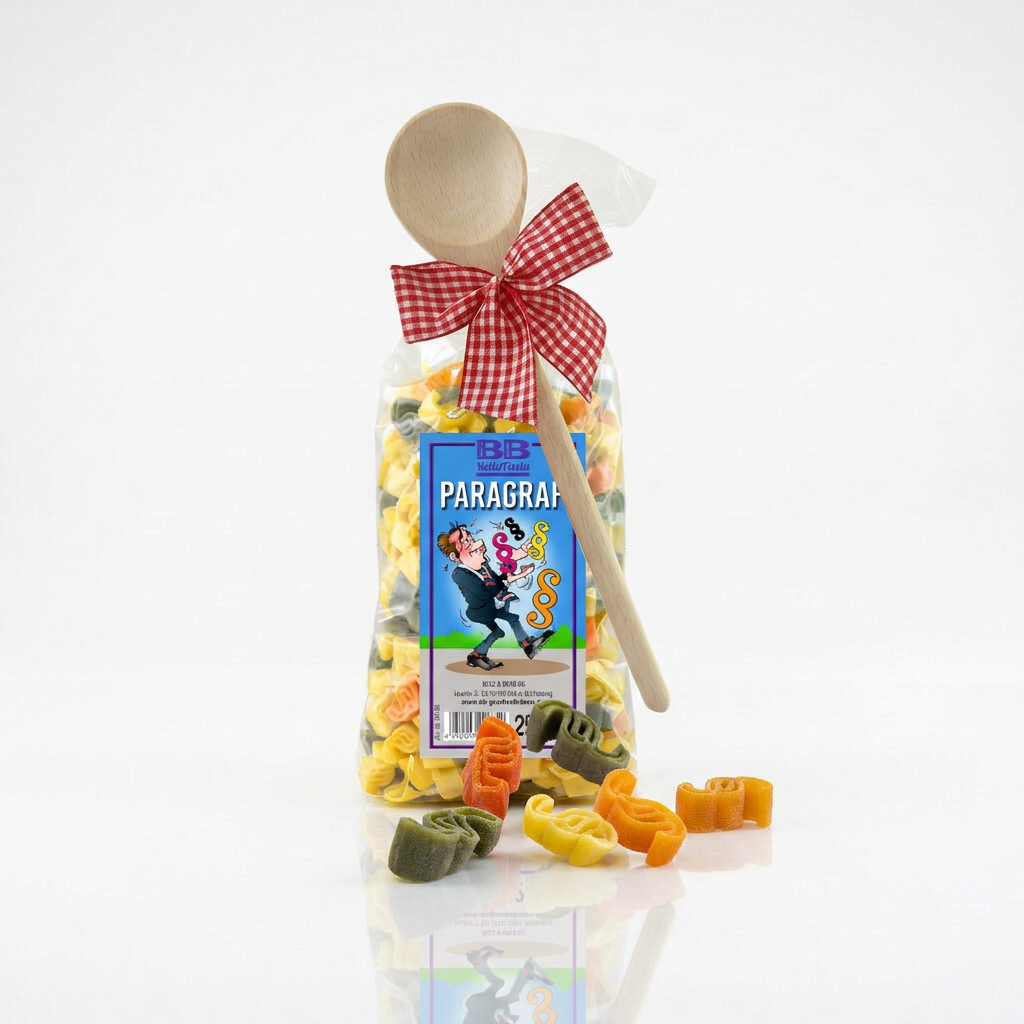 Pasta mit Paragraf-Motiven und Holz-Kochlöffel