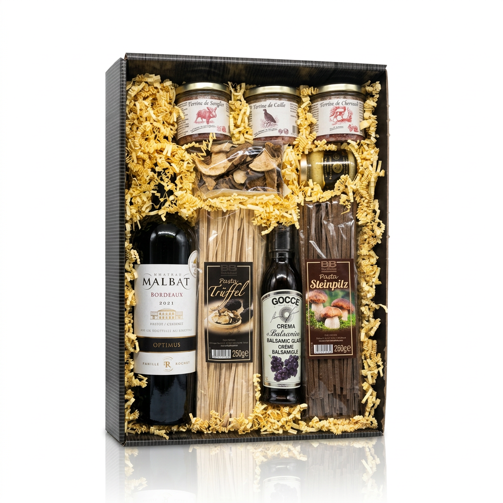 Schlemmerbox mit Wein, Trüffelpasta, Steinpilzpasta, Balsamico, Terrine