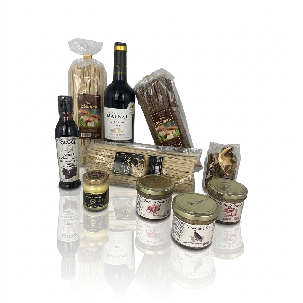 Weinessig, Steinbpilzpasta, Trüffelpasta, getrocknete Steinpilze, Terrinen, Trüffelbutter