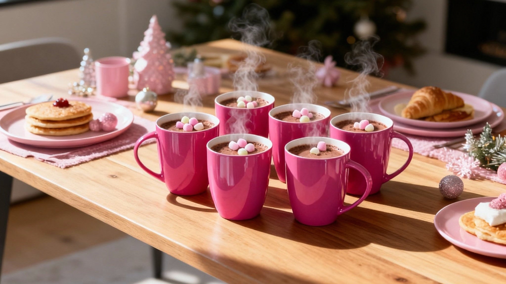 Tisch für Kindergeburtsag mit 6 pinken Tassen mit Kakao und Marshmallows