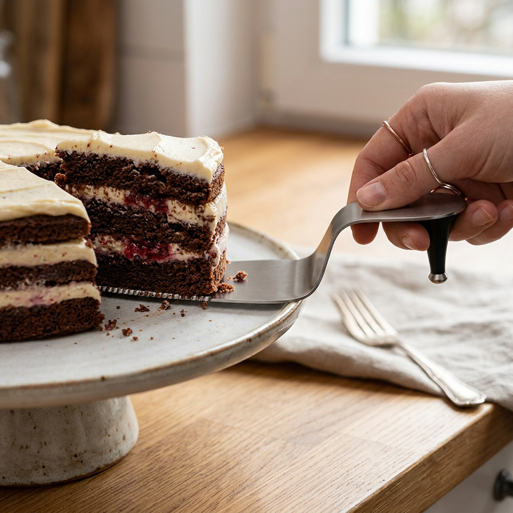 Kuchen wird mit Tortenheber heruasgenommen