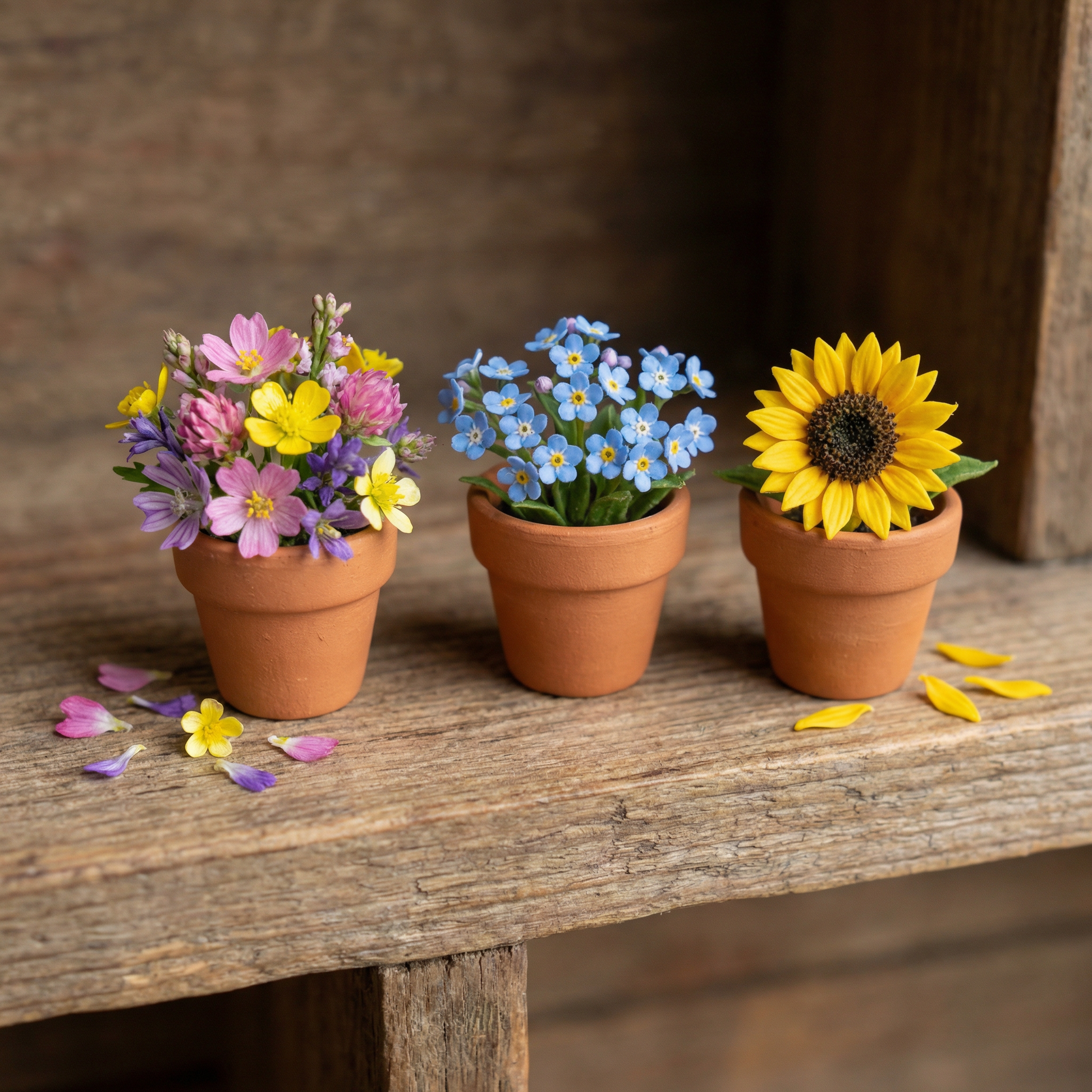 3 Miniblumen auf einem Fensterbrett